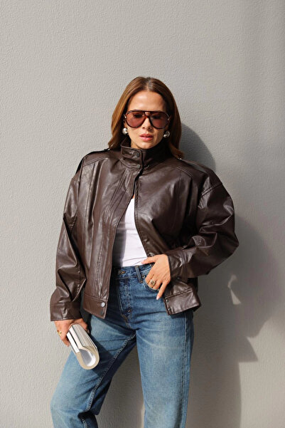 Purple by Banu Acı Kahverengi Dik Yaka Suni Deri Ceket