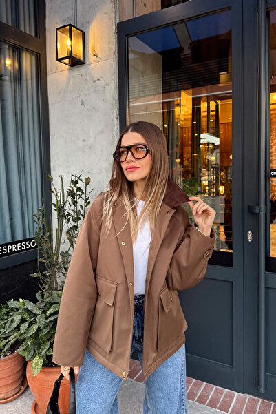 Sue Store Καφέ βελούδινο μπουφάν με φερμουάρ, oversize, καπιτονέ γαμπαρντίνα