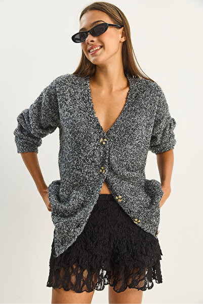 Bianco Lucci Kadın V Yaka Oversize Buklet Carmen Triko Hırka 2433 60283679