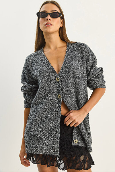 Bianco Lucci Kadın V Yaka Oversize Buklet Carmen Triko Hırka 2433 60283679