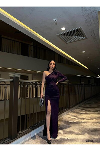 Modafeminen Rochie de seara cu fantă cu un singur umar cu detaliu trandafir 583105 VIOLET