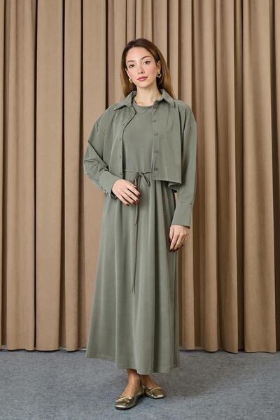 Puane Kadın Gömlek Detaylı Elbise - 12658ELB - Haki