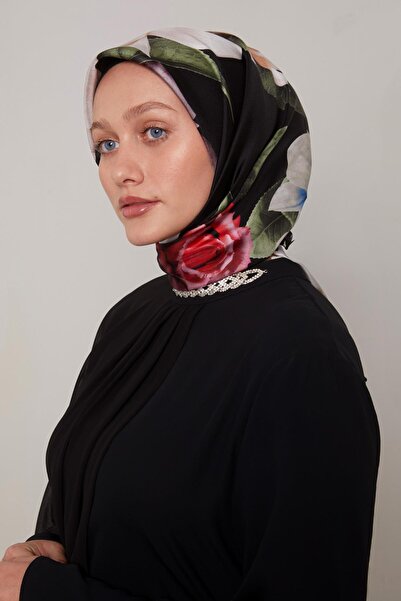 Levidor Black Twig Flower Pattern Twill Silk Scarf