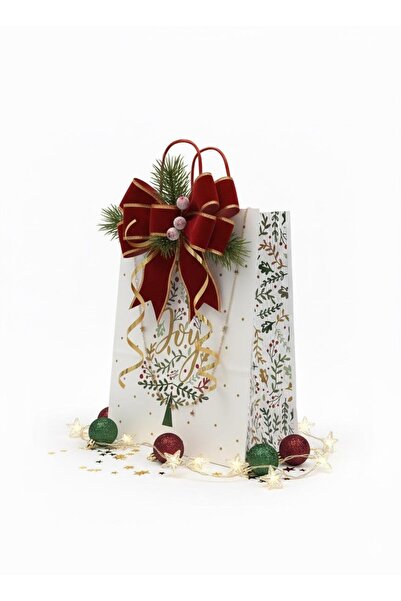 roco paper Yılbaşı Çam Desenli Kağıt Çanta, Yeniyıl Kırmızı Saplı Hediye Poşeti, 12x25x31 Cm - 25 Adet, Beyaz