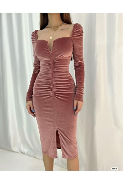 Modafeminen Țesătură din catifea Decoltat la piept Spate deschis Detaliu cu fante Rochie de seară lungime midi 582275 GÜL KURUSU