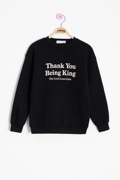 Cansın Mini Μαύρο Φούτερ με τύπωμα με λαιμόκοψη για κορίτσια επένδυση fleece 23255