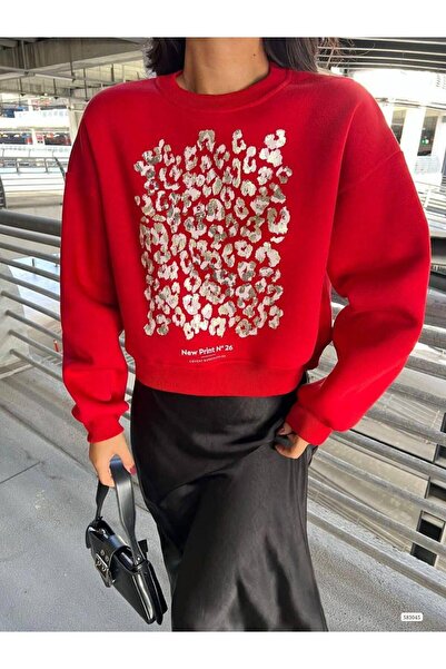 Modafeminen Flexible Three Thread Fabric Crew Neck Front Print Detailed Sweat 583045 Red