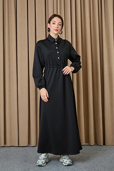 Puane Women's Waist Tunnel Snap Detailed Dress - 12655Elb - Black