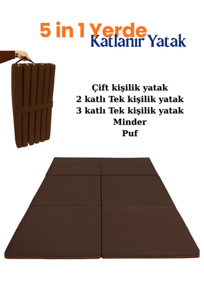 zishtekstil Multipurpose 5 in 1 Kahverengi Çift Kişilik Katlanır Süngerli Mis...