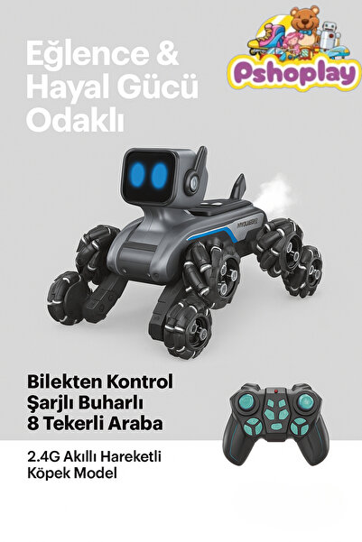 Pshoplay Bilekten Kontrol Şarjlı Buharlı 8 Tekerli Araba – 2.4G Akıllı Hareketli Köpek Model