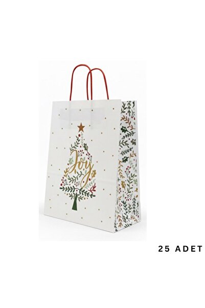roco paper Yılbaşı Çam Desenli Kağıt Çanta, Yeniyıl Kırmızı Saplı Hediye Poşeti, 12x25x31 Cm - 25 Adet, Beyaz