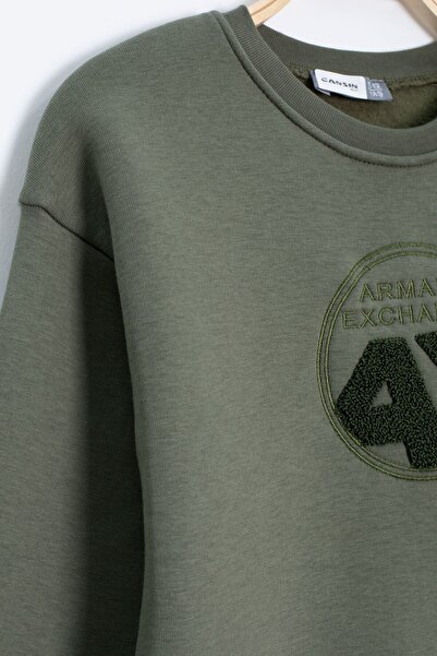 Cansın Mini Haki Yazı Nakışlı Bisiklet Yaka Erkek Çocuk Şardonlu Sweatshirt 23248