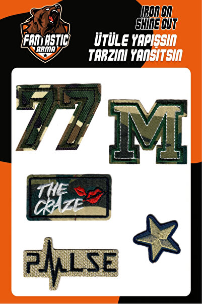 FANTASTIC ARMA Broderie termo-adezivă - Set de 5 patch-uri cu model de camuflaj militar (77, M, The Craze, Pulse, Yıldız)