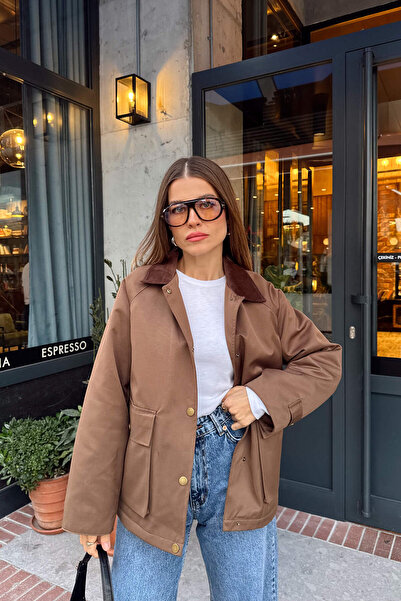 Sue Store Καφέ βελούδινο μπουφάν με φερμουάρ, oversize, καπιτονέ γαμπαρντίνα