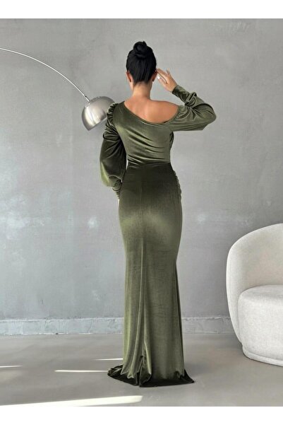 Modafeminen Slit Off-The-Shoulder Maxi Length Velvet Fabric Evening Dress Khaki 582600