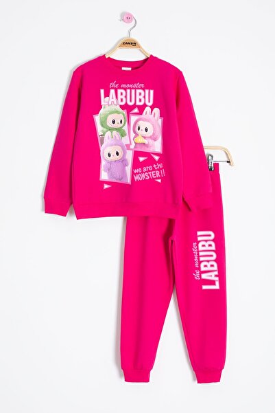 Cansın Mini Fuchsia Character Printed Crew Neck Girls Tracksuit Set 23280