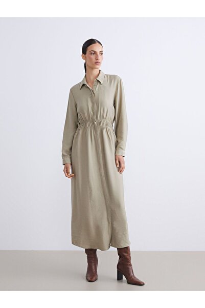 LC Waikiki Lcwaikiki Classic Plus Size Textured Waist-Tied Shirt Dress