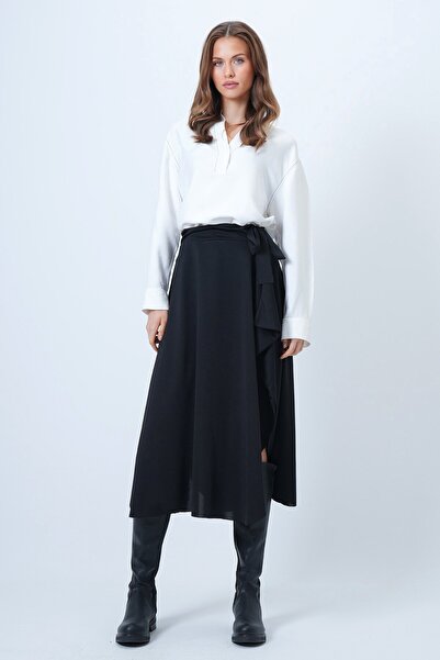 VAGGON Fusta neagră asimetrică croială pentru femei, cu textura auto-țesută, cu șireturi Vs01385