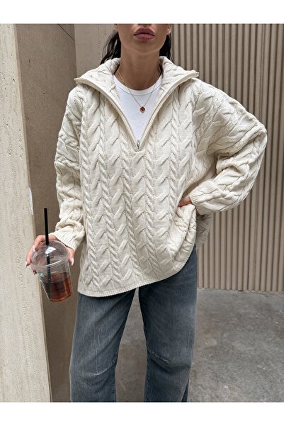 KENZA'A TRİKO Cardigan oversize din tricot cu jumătate de fermoar împletit în...