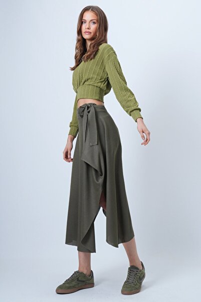 VAGGON Women's Khaki Asymmetrical Cut Self-Textured Tie Skirt Vs01385