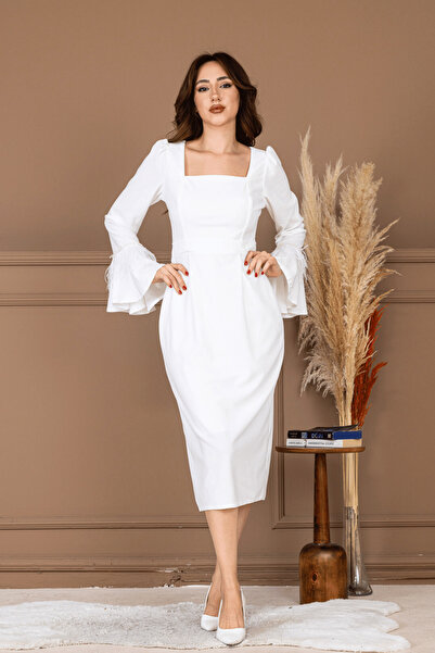 BEYBOS Otriş Λεπτομερές Τετράγωνο Γιακά Μακρύ Φόρεμα - ΛΕΥΚΟ