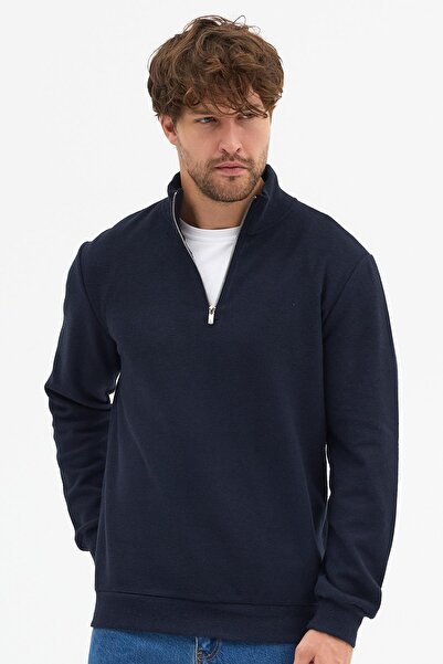 mmetalic Чоловічий синій стандартний крій нормальний крій бавовняний напівзастібка на блискавці прямий комір бавовняний світшот