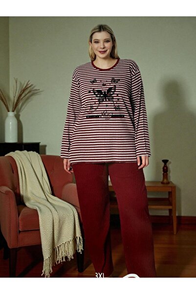 Gizotti Çizgili Penye Pijama Takımı Bordo Çizgili