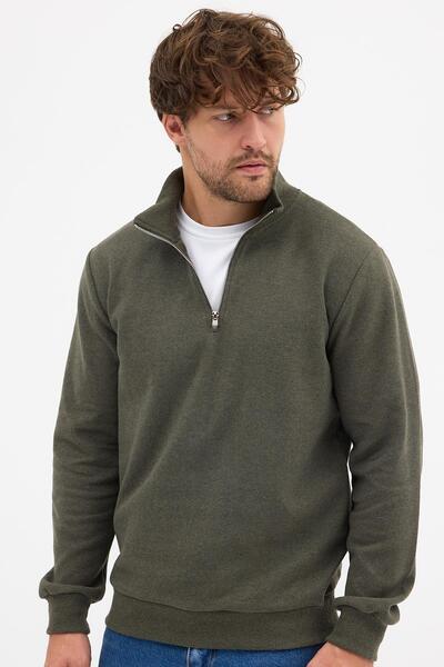 mmetalic Erkek Haki Standart Fit Normal Kesim Pamuklu Yarım Fermuarlı Dik Yaka Pamuklu Sweatshirt