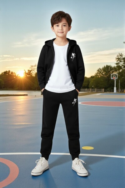 han elegant 2 részes cipzáras, kosárlabda mintás fiú alsó és felső tréningruha szett