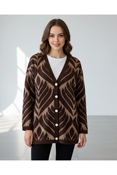 AMİDA Women's Soft Textured Knit Cardigan - Brown Camel Patterned with Stone ...