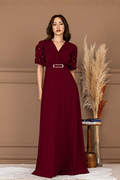 BEYBOS Εισαγόμενο φόρεμα K Κρεπ με μανίκια μπαλόνι και λεπτομέρεια από πέρλες...