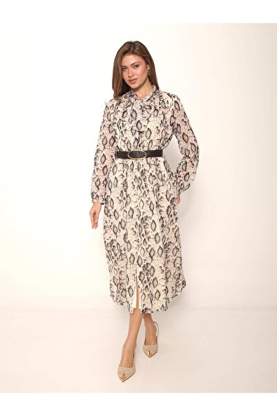Coral Kemerli Yılan Desenli Simli Çizgili Elbise 35401 Krem - Siyah