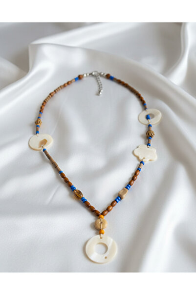 SR Jewelry Box ve Ahşap Boncuklu Kolye - Mavi Detaylı Bohem Kolye