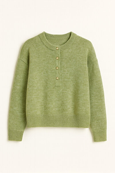 LOOSH Kadın Yeşil Bisiklet Yaka Üstten Düğmeli Triko Kazak