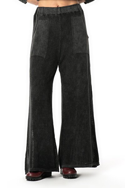 Eliş Şile Bezi File Detailed Wide Leg Elastic Waist Long Autumn and Winter Pocketed Knitwear Trousers Smoked Fm