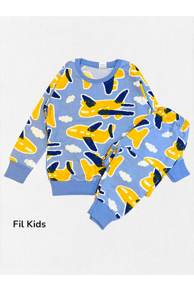 Fil Kids Erkek Çocuk Pamuklu Kumaş Mavi Renk Uçak Desenli Uzun Kollu Şardonlu Kışlık Pijama Takımı