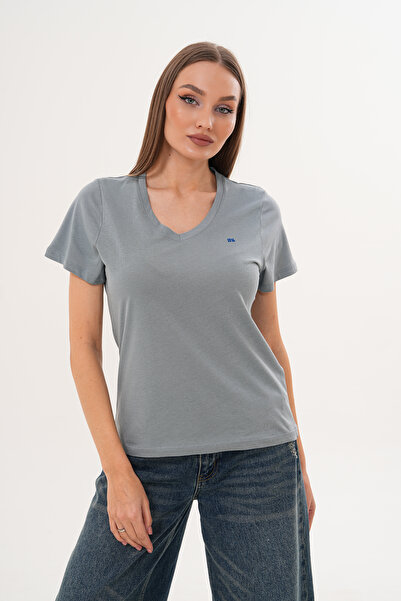 Basics&More Women's V-Neck 100% Cotton Basic Silver T-Shirt - Comfortable Fit Casual Summer Tshirt