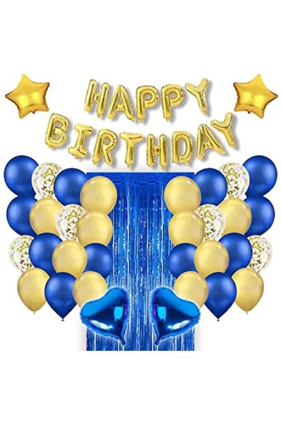 OEM Σετ 54 μπαλονιών Happy Birthday, κομφετί, διακοσμητική κουρτίνα, μπλε/χρυ...