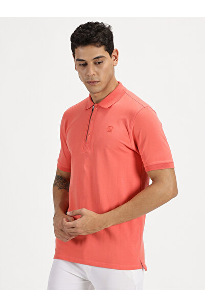 Simple And Rare By Styli Men Coral Quarter Zip Polo with Press Button