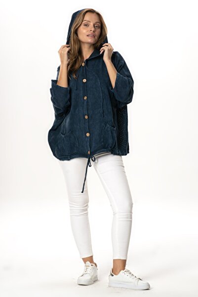 Eliş Şile Bezi Long Sleeve Ceren Mesh Button Detailed Double Pocket Winter Hooded Knitwear Blouse Navy Blue Lcvt