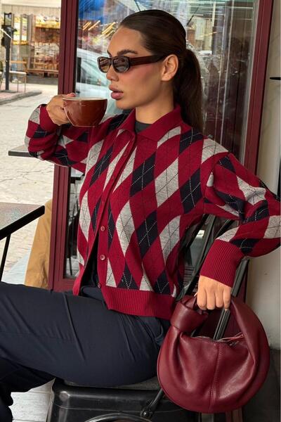 Madmext Bordo Baklava Desenli Polo Yaka Kadın Hırka MG2478