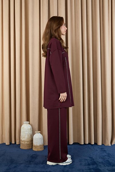 Puane Women's Stone Detailed Trouser Suit - 14379Tks - Burgundy