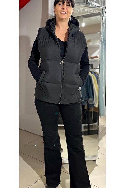 MONAMORE Black Long Length Thick Padded Inflatable Vest with Hood