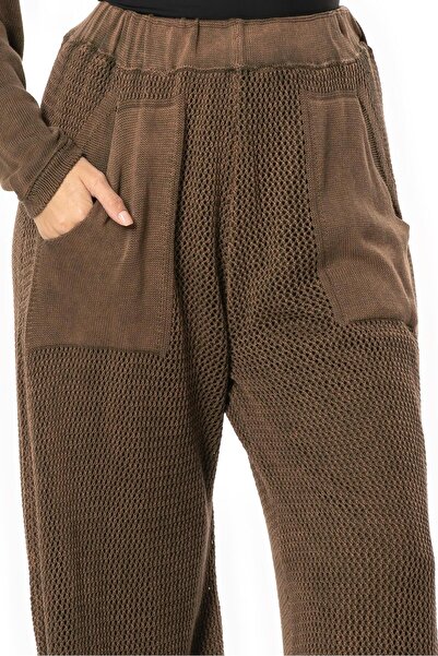 Eliş Şile Bezi Long Autumn and Winter Knitwear Trousers with Pockets, Wide Legs, Elastic Waist, and Detailing, Brown Khv