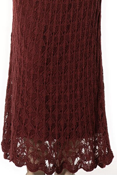 Eliş Şile Bezi Elastic Waist Elvan Autumn and Winter Long Knitted Sweater Skirt Burgundy Brd