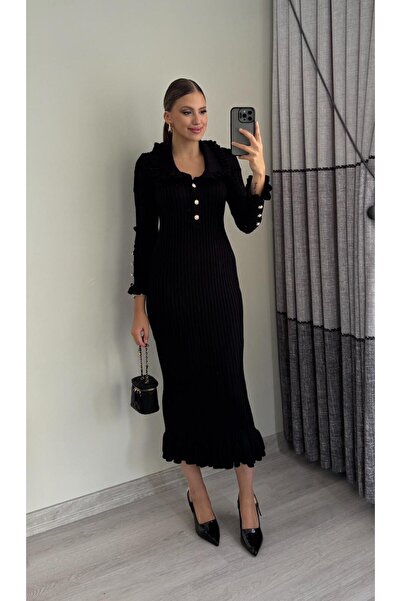 Miasista Fırfır Düğme Detay Triko Elbise