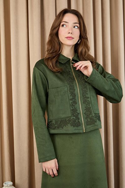 Puane Kadın Nakış Detaylı Fermuarlı Scuba Süet Ceket Takım - 14396TKM - KHAKI