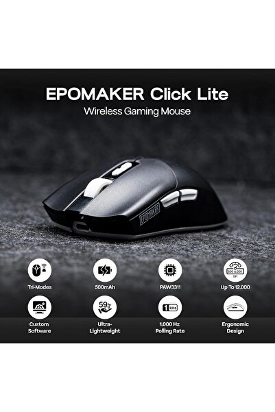 Epomaker Click Lite Wireless Gaming Mouse (Black) — PAW3311, 800–12000 DPI, 500mAh, 59g, Tri-mod