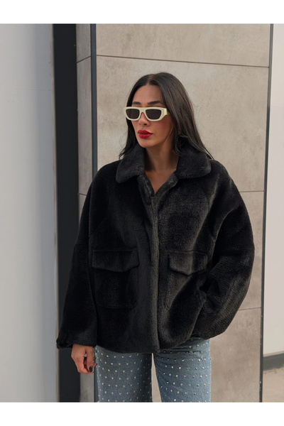 Myra Alpaca Fur Short Coat with Pockets-Black