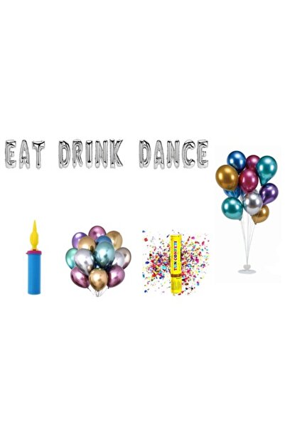 OEM Balloon Set 'Eat Drink Dance', cake topper gift, 74 pcs, Silver